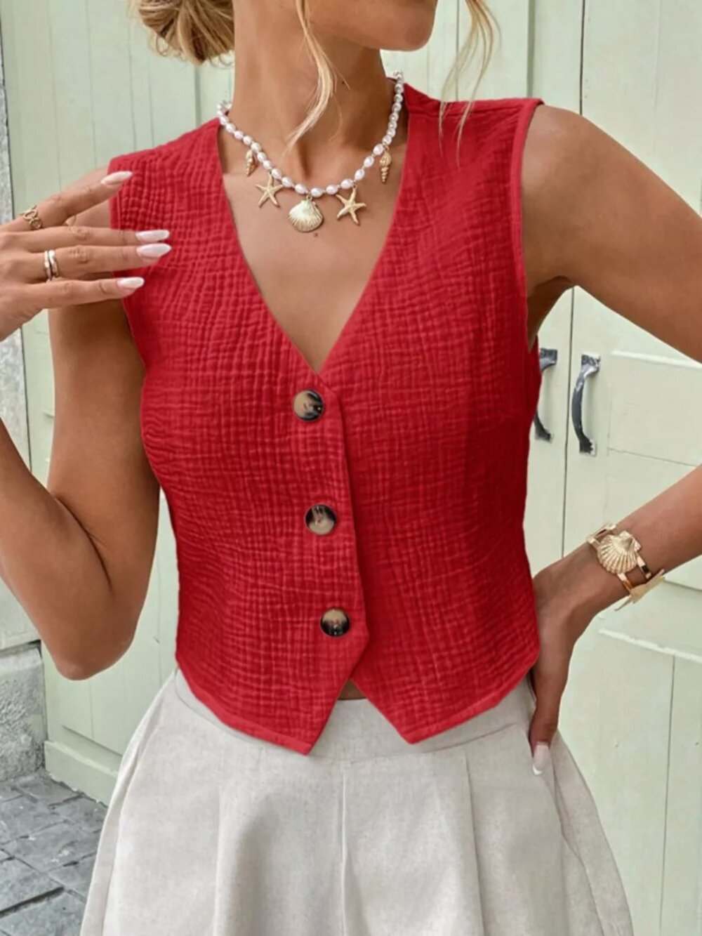 Textured Button-Front Vest - Picture 10 of 14